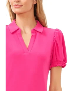 Short Sleeves Split Neck Collared Top