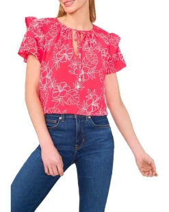 Shoulder Smocking Ruffle Sleeve Tie Top