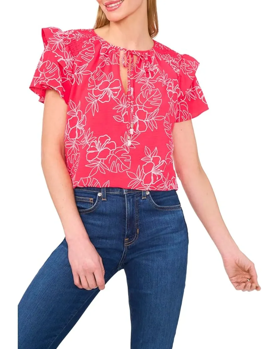 Shoulder Smocking Ruffle Sleeve Tie Top