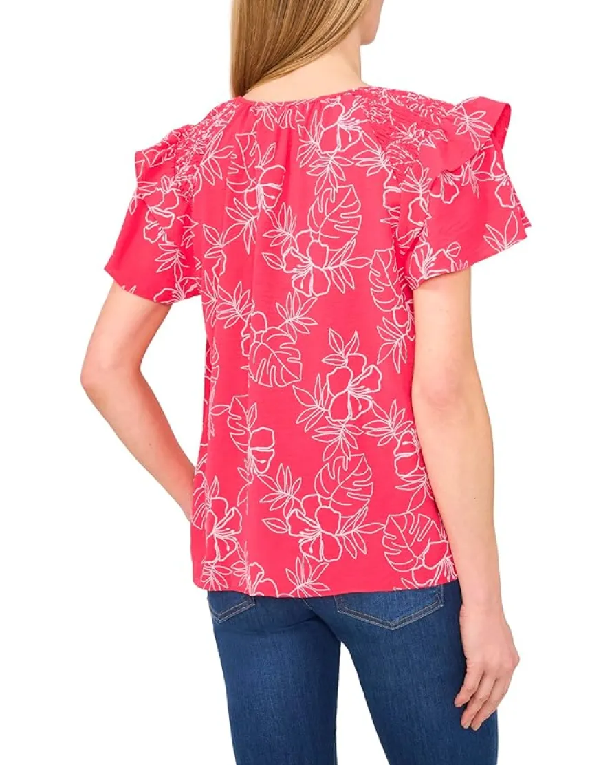 Shoulder Smocking Ruffle Sleeve Tie Top