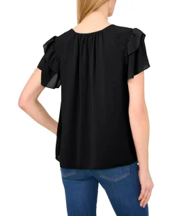 Shoulder Smocking Ruffle Sleeve Tie Top