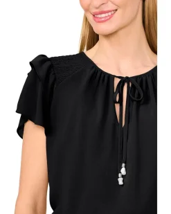 Shoulder Smocking Ruffle Sleeve Tie Top
