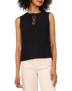 Sleeveless Crew Neck Blouse with Center Embroidery