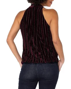 Sleeveless Crossover Knit Top W/ Velvet Stripes