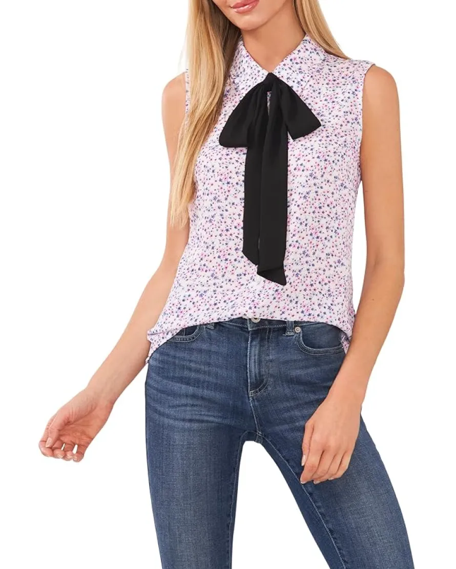 Sleeveless Floral Bow Blouse
