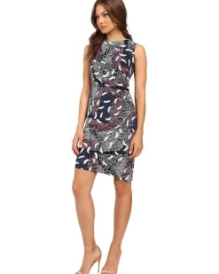 Sleeveless Printed Matte Jersey Dress w/ Rouched Side