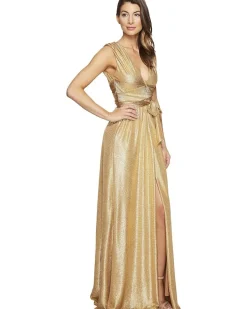 Sleeveless V-Neck Jersey Gown w/ Wrap Tie & Front Slit