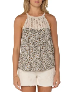 Sleeveless Woven Halter with Crochet Top