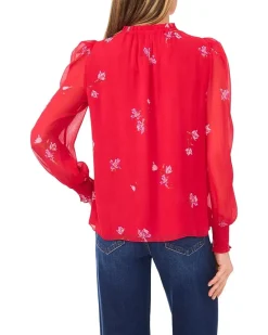 Smocked Cuff Ruffle Tie Neck Top