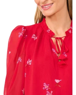 Smocked Cuff Ruffle Tie Neck Top