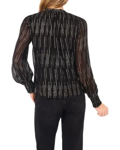 Smocked Cuff Ruffle Tie Neck Top