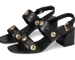 Spade Flower Stud Pebbled Leather Block Heel Sandals