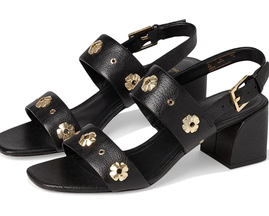 Spade Flower Stud Pebbled Leather Block Heel Sandals