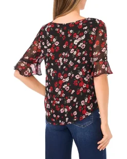 Split Tie Neck Ruffle Cuff Top