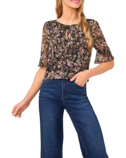 Split Tie Neck Ruffle Cuff Top