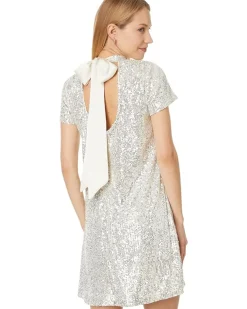 S/S Mock Nk Sequin A-Line Dress W/ Back Bow 246