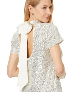 S/S Mock Nk Sequin A-Line Dress W/ Back Bow 246