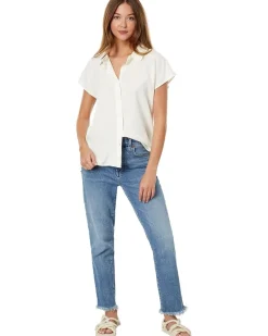 Stone Washed Tencel Short Sleeve Button-Down Hi-Lo Blouse