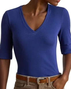 Stretch Cotton Elbow-Sleeve V-Neck Tee
