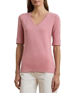 Stretch Cotton Elbow-Sleeve V-Neck Tee