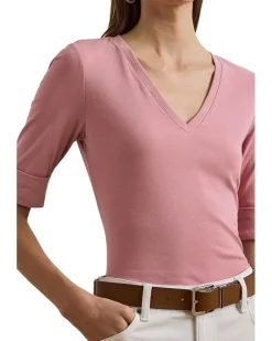 Stretch Cotton Elbow-Sleeve V-Neck Tee