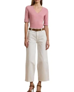 Stretch Cotton Elbow-Sleeve V-Neck Tee