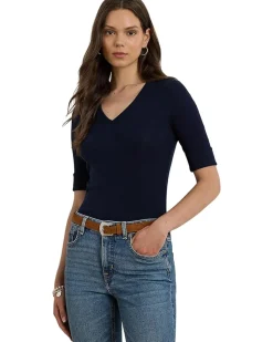 Stretch Cotton Elbow-Sleeve V-Neck Tee