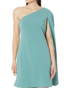 Stretch Crepe One Shoulder Sheath Dress with Cape Detail