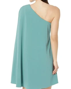 Stretch Crepe One Shoulder Sheath Dress with Cape Detail