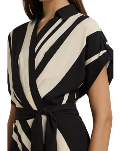 Striped Belted Crepe Dress