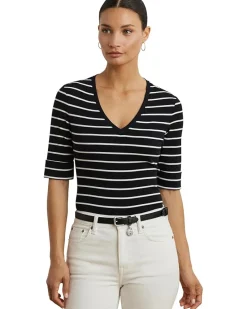 Striped Cotton Elbow-sleeve V-neck Tee
