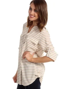 Striped Crew Roll Sleeve Blouse