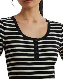 Striped Elbow-sleeve Henley Top