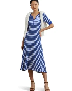 Striped Waffle-knit Cotton Henley Dress