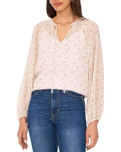 Tie Neck Shirring Long Sleeve