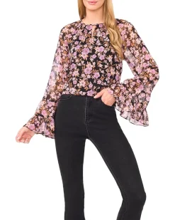 Tiered Flowy Long Sleeve Keyhole Blouse