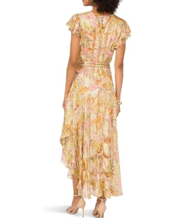 V Neck Button Down Maxi Dress With Flutter Sleeve