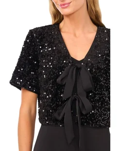 Velvet Sequin Short Sleeve Bow Front Top