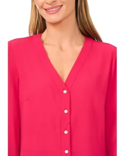V-Neck Button Front Long Sleeve Top
