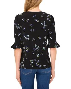 V-Neck Elbow Ruffled Sleeve Knit Top