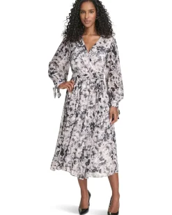 V-Neck Long Sleeve Chiffon Midi