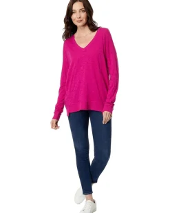 V-Neck Long Sleeve Princess Seam Rib Mix Tee