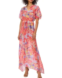 V-Neck Placket Puff Sleeve Maxi Dress