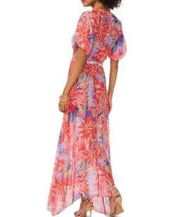 V-Neck Placket Puff Sleeve Maxi Dress