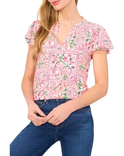 V-Neck Shirred Flutter Sleeve Blouse