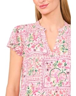 V-Neck Shirred Flutter Sleeve Blouse