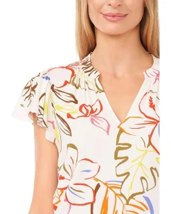 V-Neck Shirred Flutter Sleeve Blouse