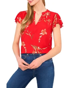 V-neck Shirred Neck Flutter Sleeve Blouse