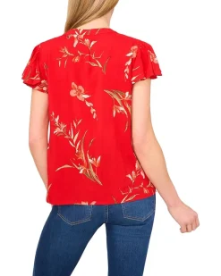 V-neck Shirred Neck Flutter Sleeve Blouse