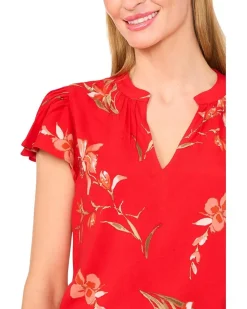 V-neck Shirred Neck Flutter Sleeve Blouse